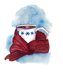 Watercolor cup with hot drink. Hand painted. Isolated