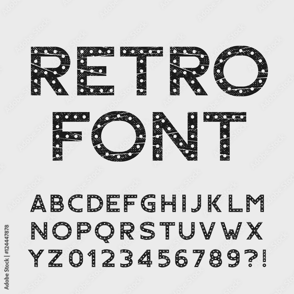 Poster retro alphabet font. scratched type letters and numbers. stock vector typography for your design.