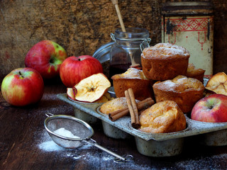 homemade muffins with apples and cinnamon. Photo Rustic. selective focus