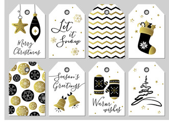 Christmas and New Year gift tags. Gold, red, white colors. Golden greeting cards. Snowflakes and chevron pattern, mittens, bells, Christmas tree, decoration.