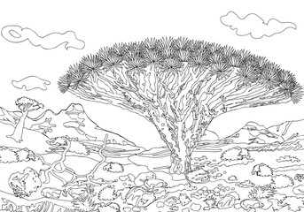Hand drawing ornamental landscape trees and stones