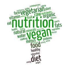 Nutrition word cloud in shape of tree, white background, healthy lifestyle concept.