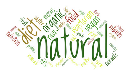 Natural word cloud, white background, healthy lifestyle concept.