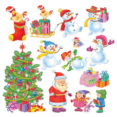 New 2017 Year. Christmas. Small set of cute Christmas characters. Christmas tree, Santa Clause, cute boy and girl, snowmen. Funny cartoon characters isolated on white background.