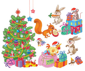 New 2017 Year. Christmas. Set of cute funny Christmas pictures. Christmas tree, big bag full of Christmas gifts, cute rooster, hares, rat, sparrow and squirrel. Funny cartoon characters isolated.