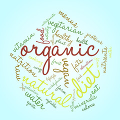 Organic word cloud on blue background. Healthy food concept.