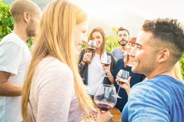 Happy friends having fun and drinking wine - Friendship concept with young people enjoying harvest...