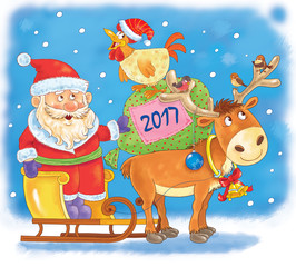 New 2017 Year. Christmas. Greeting card. Cute funny Santa in the sledge with reindeer, rooster and bag with Christmas gifts. Coloring book. Coloring page. Funny cartoon characters. Year of rooster