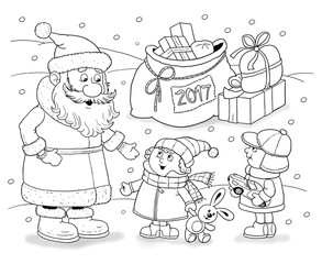 New 2017 Year. Christmas. Greeting card for Christmas. Cute funny Santa with huge bag full of Christmas gifts and the kids. Coloring book. Coloring page. Funny cartoon characters.