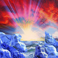 Abstract arctic landscape with setting sun. Panoramic winter landscape with glaciers, sea, red sky and sun rays