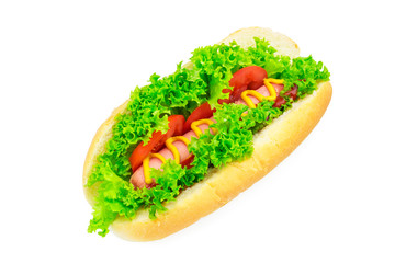 Hot dog with sausage, lettuce, tomato, ketchup and mustard on white background.