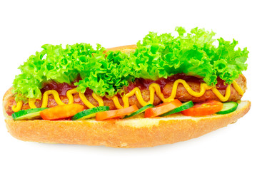 Hot dog with sausage, lettuce, tomato, cucumber, ketchup and mustard on white background.