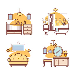 Home room icons. Living room, bedroom, bathroom