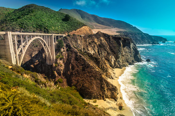 Bixby Creek Bridge on Pacific Coast Highway #1 at the US West Coast traveling south to Los Angeles,...