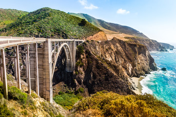 Bixby Creek Bridge on Highway #1 at the US West Coast traveling south to Los Angeles, Big Sur Area,...