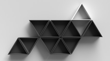 Empty dark hexagons shelves on white concrete wall background, 3D rendering
