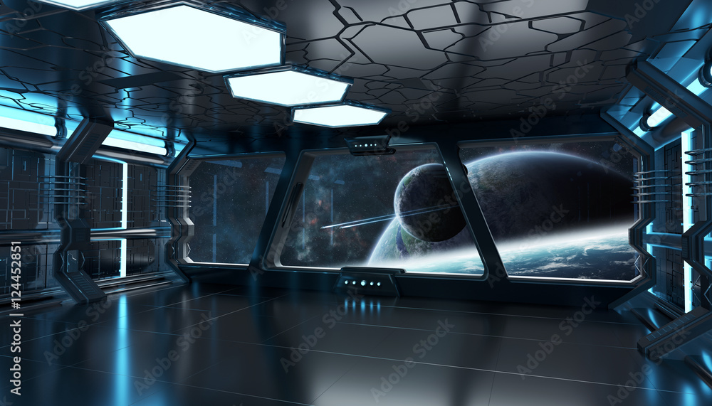 Aufkleber spaceship interior with view on distant planets system 3d render