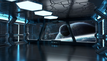 Spaceship interior with view on distant planets system 3D render