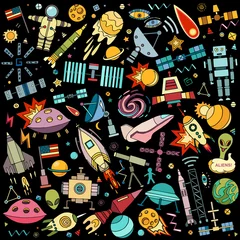 Poster Im Rahmen Vector abstract illustration of space. Solar system. Moon, astronaut, planet, rocket, earth, cosmonaut comet universe orbit Technology Hand drawn comic © lubashka