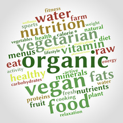 Organic word cloud. Healthy food concept. Vector.