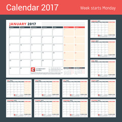 Calendar Template for 2017 Year. Business Planner 2017 Template. Stationery Design. Week starts Monday. 3 Months on the Page. Vector Illustration