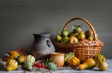 Still life in a rustic style. Autumn collection. Harvest. Natural light from the window.