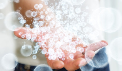 Businessman holding 3D rendering data network sphere in his hand