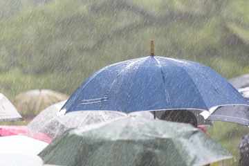 Photo sur Aluminium brossé Orage Journée humide. Les gens avec des parapluies pendant le jour de pluie