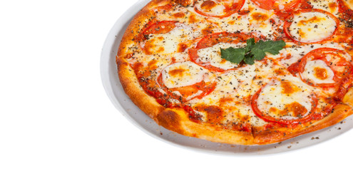 Italian Margarita pizza with tomato, cheese, herbs and basil. isolated on white. top view