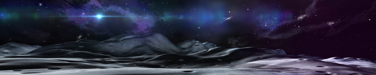 Fototapeta na wymiar panorama of the alien landscape. rising stars over the moon. moonscape.