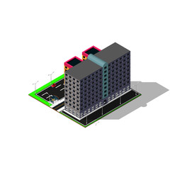 Isometric buildings. Three buildings, parking and road markings. 3d map elements. Isometric city.