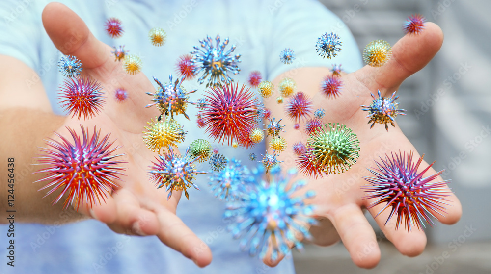 Poster close up on a sick man hand transmitting virus 3d rendering