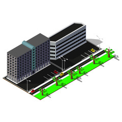 Isometric district. 3d buildings and road markings. Isometric map elements.