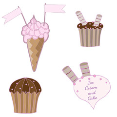 Set with ice cream and cake of stickers, pins, patches