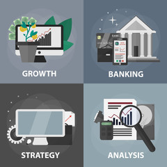 Vector flat square banners of growth, banking, strategy and analysis. Business concept of marketing, e-commerce and economy. Set of business elements.