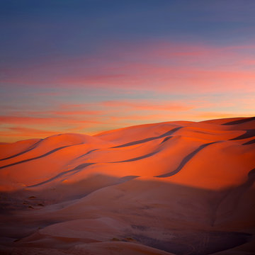 Panorama of sand dunes in Sahara desert in Morocco, Africa