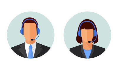 Male and female online customer support, service icons. Man and woman call center operator avatars. Flat design circle vector illustrations isolated on white.