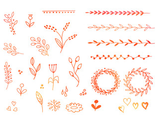 Collection of hand drawn doodle design elements with watercolor texture isolated on white background. Set of autumn handdrawn borders, laurel wreaths, floral dividers, ribbons. Vector illustration.