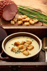 Beer soup with chicken fillet, ham and cheese.