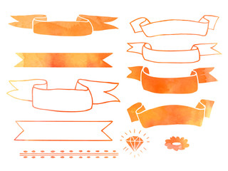 Collection of hand drawn doodle design elements with watercolor texture isolated on white background. Set of autumn handdrawn borders, ribbons, banners. Abstract sketched shapes. Vector illustration.