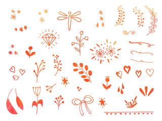 Collection of hand drawn doodle design elements, watercolor texture isolated on white background. Set of autumn handdrawn borders, laurels, floral dividers, ribbon, leaf, diamond. Vector illustration.