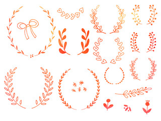 Collection of hand drawn doodle design elements with watercolor texture isolated on white background. Set of autumn handdrawn borders, laurel wreaths, floral dividers, ribbon. Vector illustration.