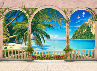 Fototapety  Taras z kolumnadą z widokiem na tropikalną zatokę. Malowanie cyfrowe. Imitacja malarstwa olejnego.
