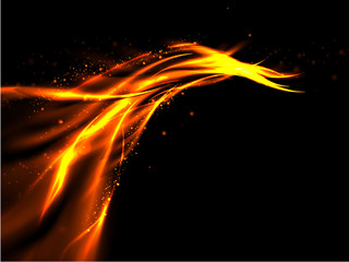 Abstract glowing lines of fire and stars on a black background, vector illustration