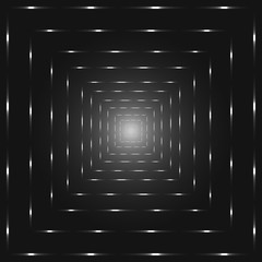 Silver perspective abstract tunnel, shades of grey punctuated square lines vector background