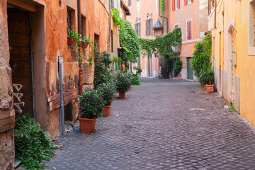 view of old town italian street in Trastevere, Rome, Italy