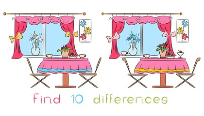 Kitchen table and window with pink curtains. Find ten differences