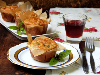 savory snack salted cheese muffins with basil and mushroom. homemade baking