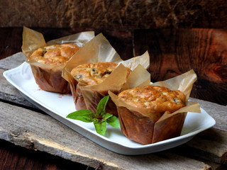savory snack salted cheese muffins with basil and mushroom. homemade baking