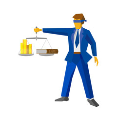 Man with balance in hand, looks like a god of justice Themis (Femida). Money and lawbook on the scales. Law and legal concept. Flat style vector clip art. Lawyer isolated on white background.